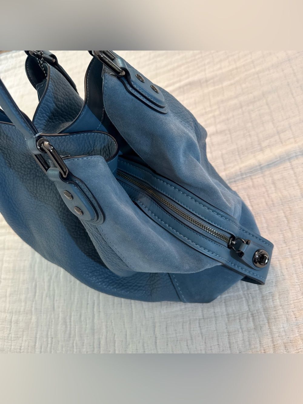 Coach Edie 42 Buffalo-Embossed Mixed Leathers Blue Large Shoulder Bag - Picture 10 of 16